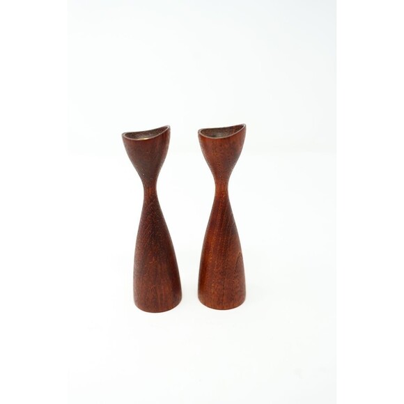 VTG Mid Century 4.5" Tulip Teak Wood Taper Candlesticks Denmark MCM pair - Picture 3 of 7